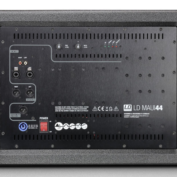In addition to the symmetrical and asymmetrical inputs, the MAUI 44 also offers outputs for the connection of additional active speakers and a slave-sub-out, for example, to connect the MAUI 44 SE subwoofer extension. The sub-level control can be used to adjust the subwoofer performance; the status LEDs indicate the operating status.