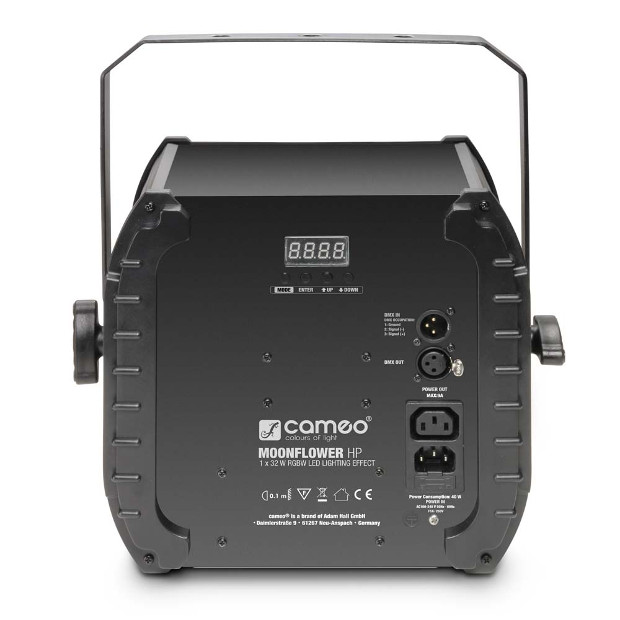 The rear panel accommodates the XLR connections for the DMX In and Out (to transmit the DMX signal to other Moonflower HP units), the power supply for Power In and Out, four keys for navigating the menu and a 4-digit LED display.