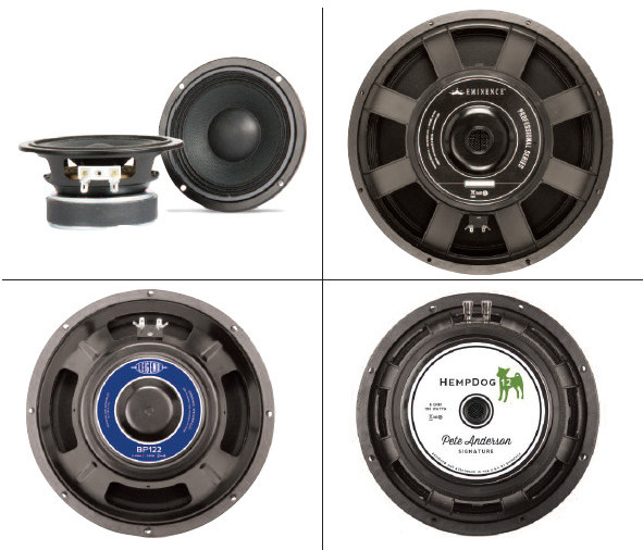 A family of speakers for every conceivable application. (Clockwise from top left) The Alpha 4, perfect for line arrays; the Kappa Pro 18LF, designed for bass applications; the HempDog 12, created in conjunction with Grammy winner Pete Anderson; and the Legend Series BP122, for a clean, clear tone.