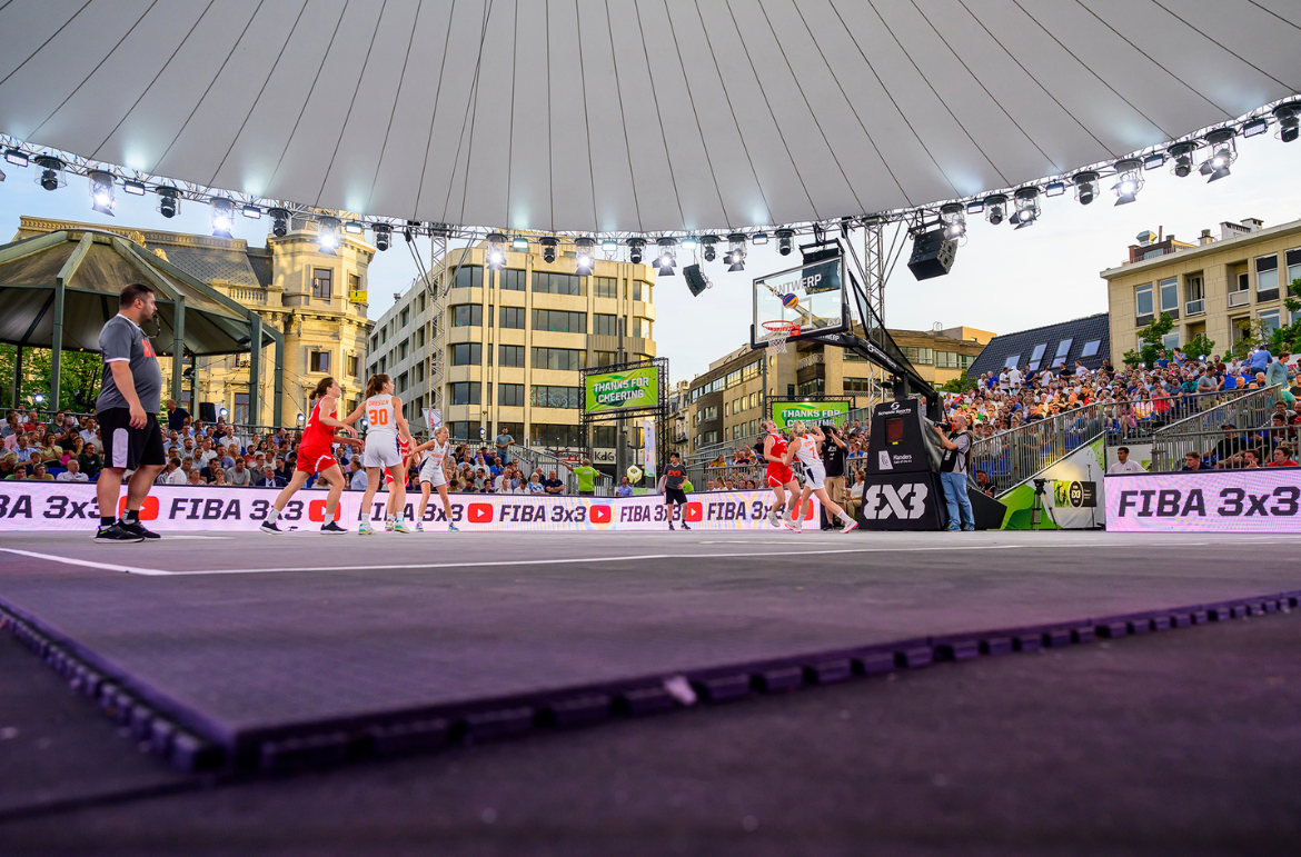 Cameo Light Installation at FIBA 3x3 Basketball World Cup 2022 in Antwerp with Cameo ZENIT W600 Wash Light and Cameo Fresnel F4