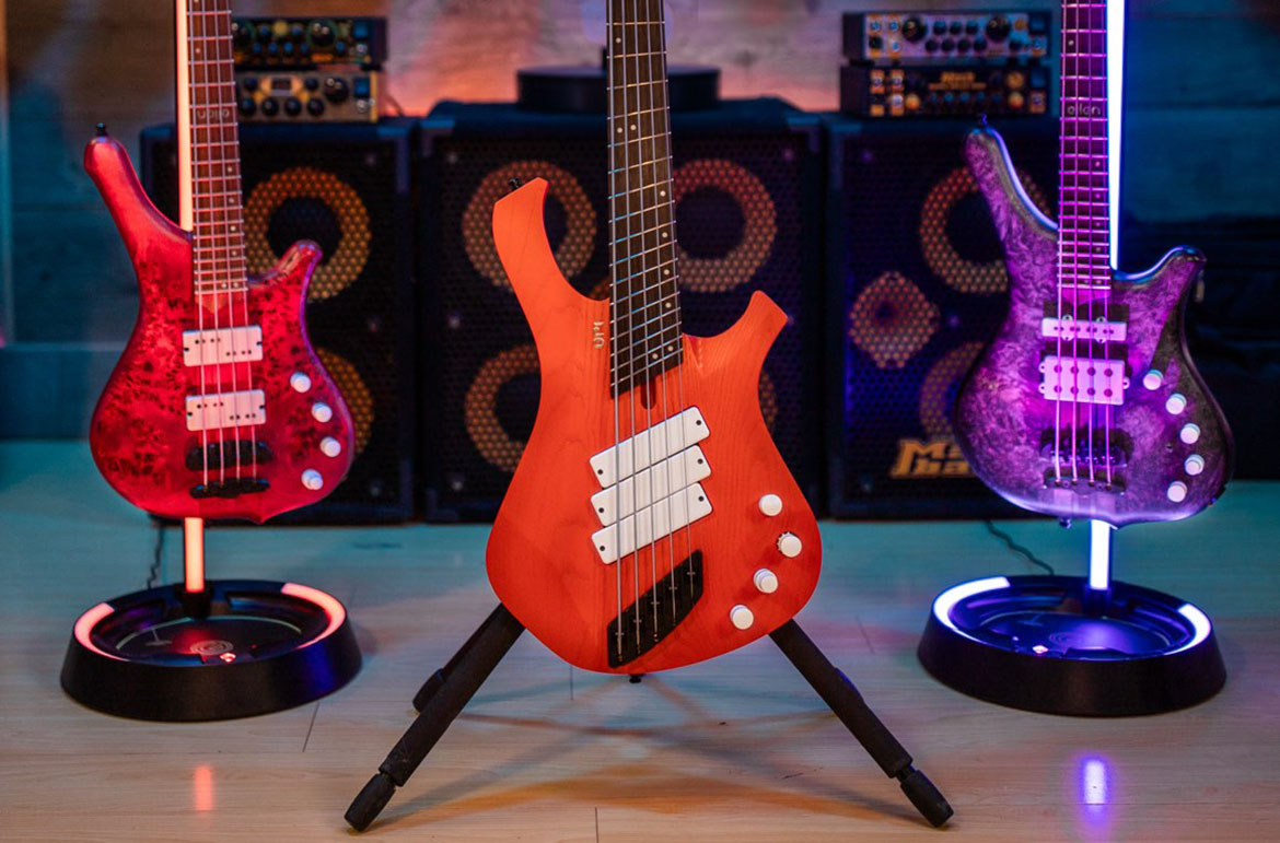 A pair of Gravity Glow Stands at EllenPlaysBass's studio.